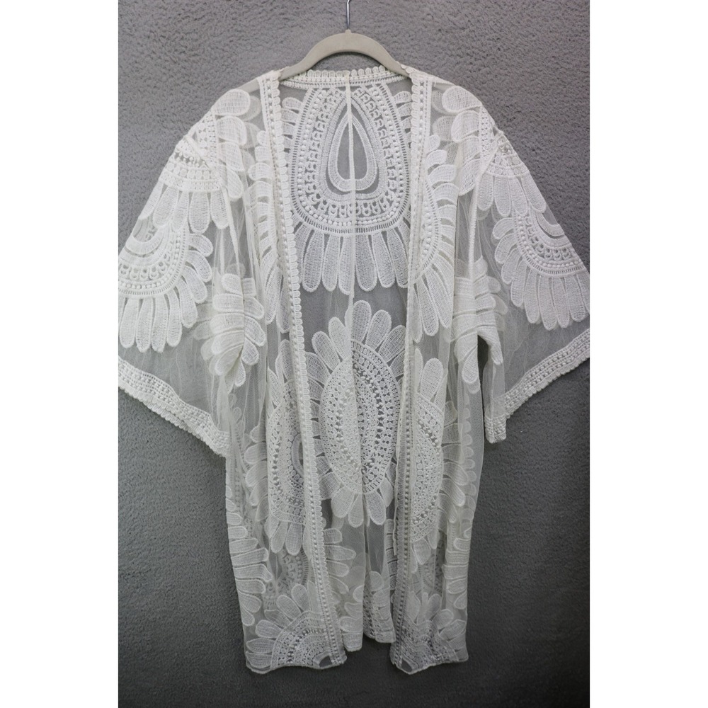 Ivory Mesh & Lace Wide Sleeve Longline Cardigan-Size Medium-BOHO-Cottagecore